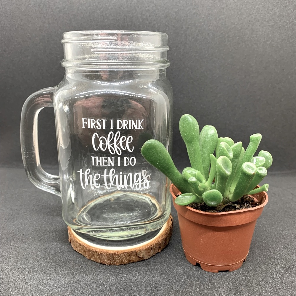 12oz Glass Mason Jar Mug w/ decal